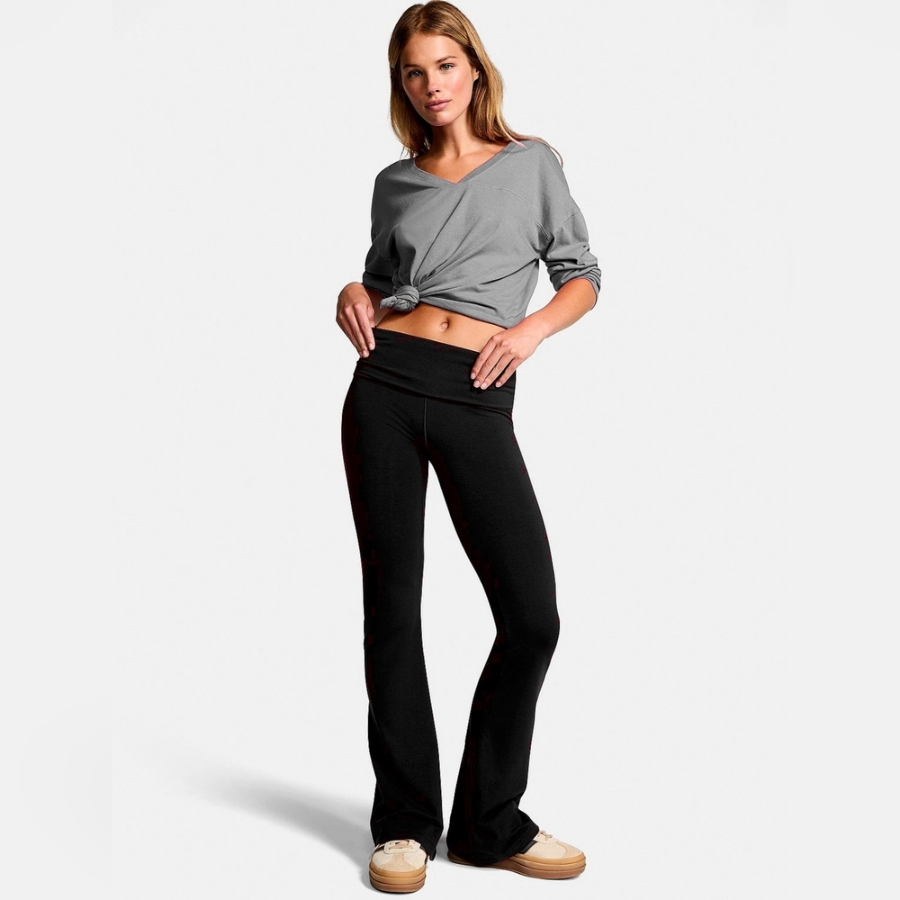 2 Pairs- VS PINK Foldover Flare Leggings, Black And Maroon